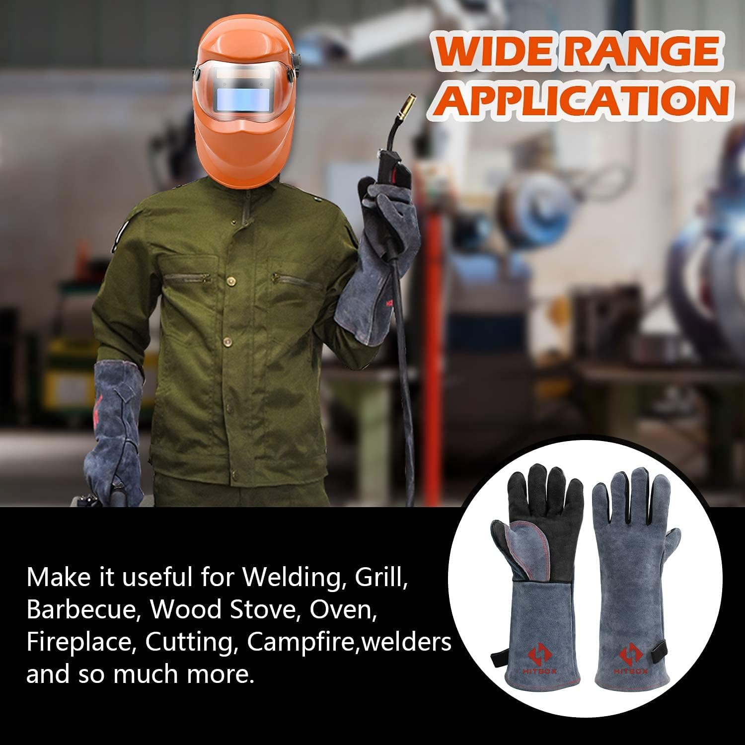 HITBOX Extreme Heat & Fire Resistant Gloves with Kevlar Stitching 16 ‘’ 932℉ Leather Fire Gloves for Arc Tig Mig Wood Stove Oven BBQ Grill Pot Holder Barking Animal Handling - Image 5