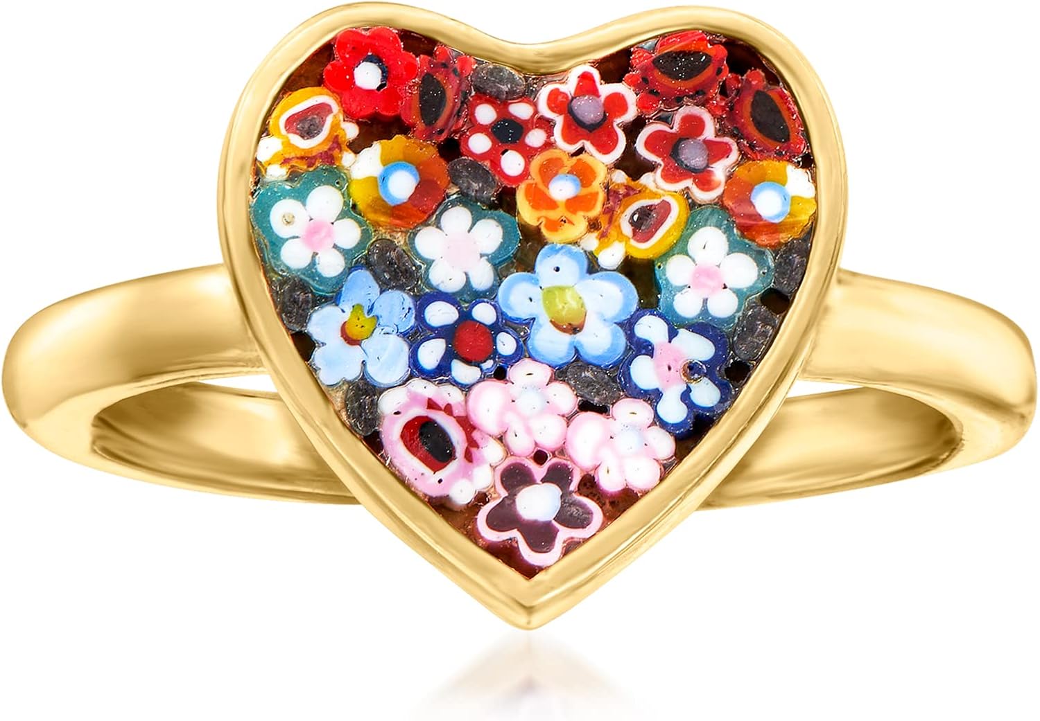 Ross-Simons Italian Multicolored Murano Glass Mosaic Floral Heart Ring in 18kt Gold Over Sterling