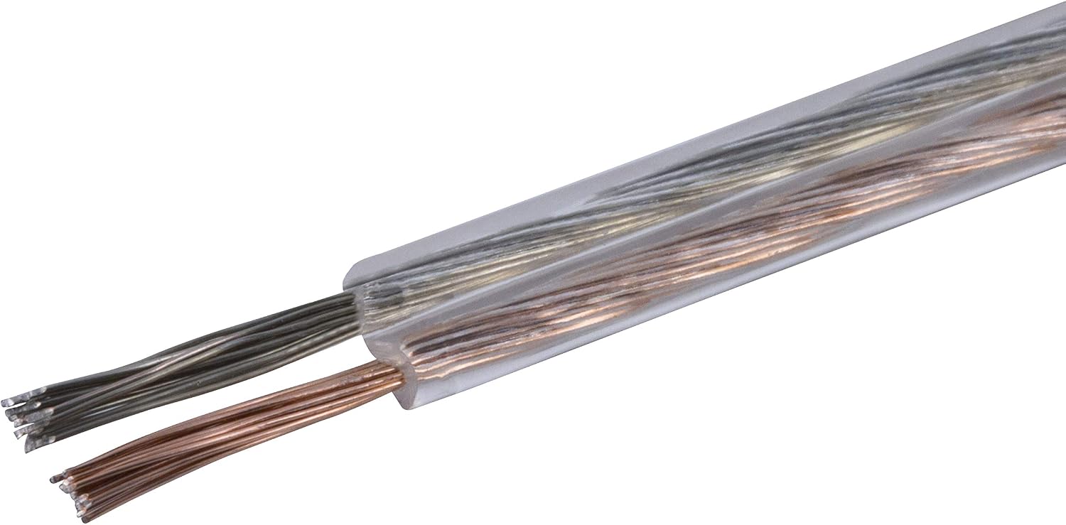 Close-up view of the Philips 18-gauge speaker wire, showing the clear coating and two conductors.