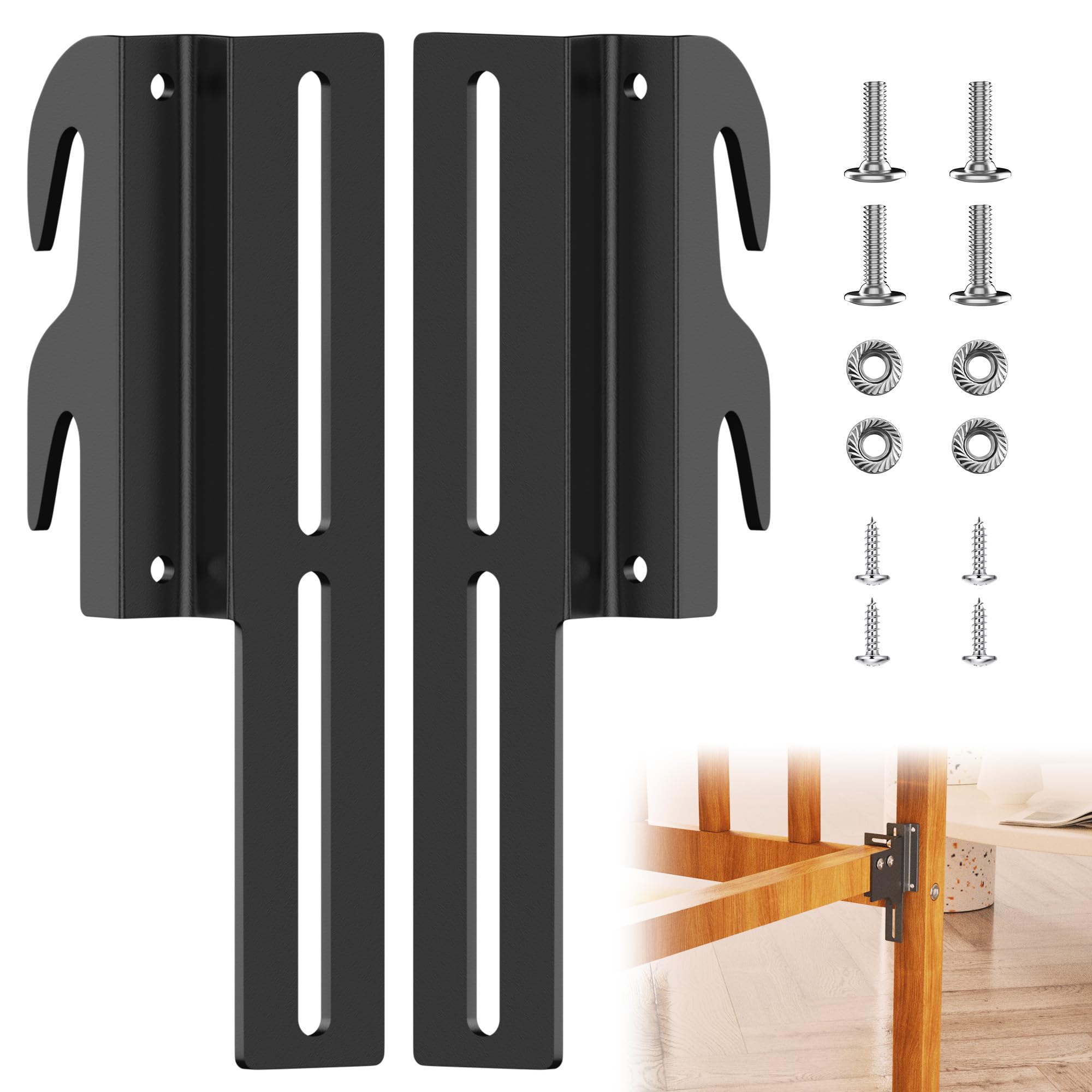YUEYIN 2Pcs 711 Bolt-On to Hook-On Bed Frame Conversion Brackets, Bed Frame Hooks, Universal Headboard Brackets, Widened Hole Slot, Height Adjustable, Black