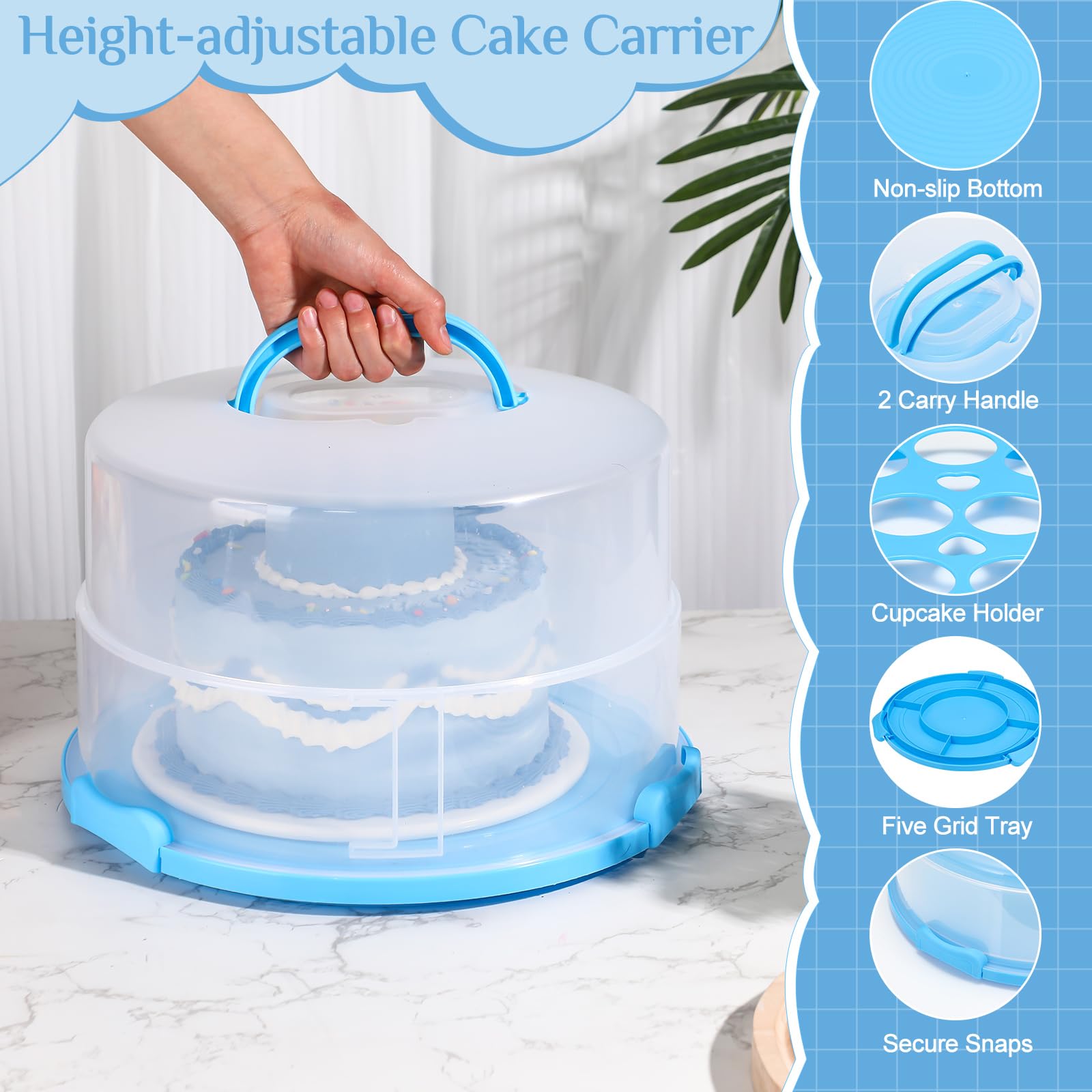 Teenyyou 30,5 cm großer Kuchenträger mit Deckel und Griff für 30,5 cm runde 17,8 cm hohe Kuchen, verstellbarer Kunststoff-Kuchenständer, tragbarer Kuchentransportbehälter für Kuchen, Cupcakes, Kekse,