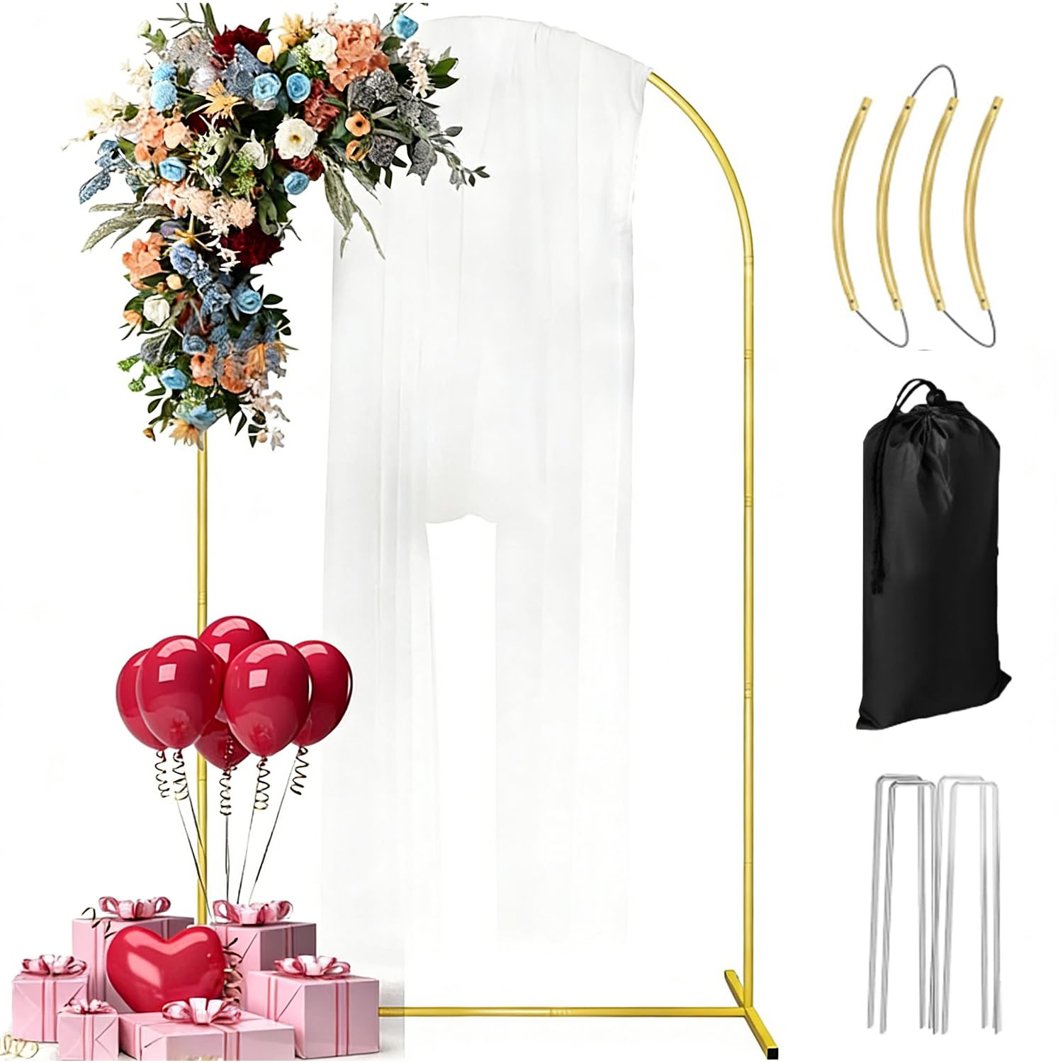 GILPWA Stojak na tło z łukiem ślubnym, metalowy łuk na balon ślubny, stabilna łukowa rama na baby shower, urodziny, wesele, przyjęcie, balon, dekoracja, żółte złoto
