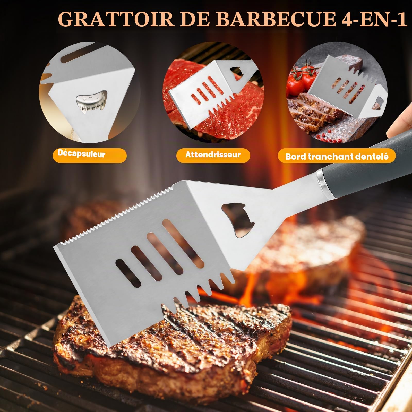 Set d'Accessoires Barbecue 10 Pièces Inoxydable - Ustensiles de Cuisson Extérieur avec Pince, Spatule, Fourchette & Brosse