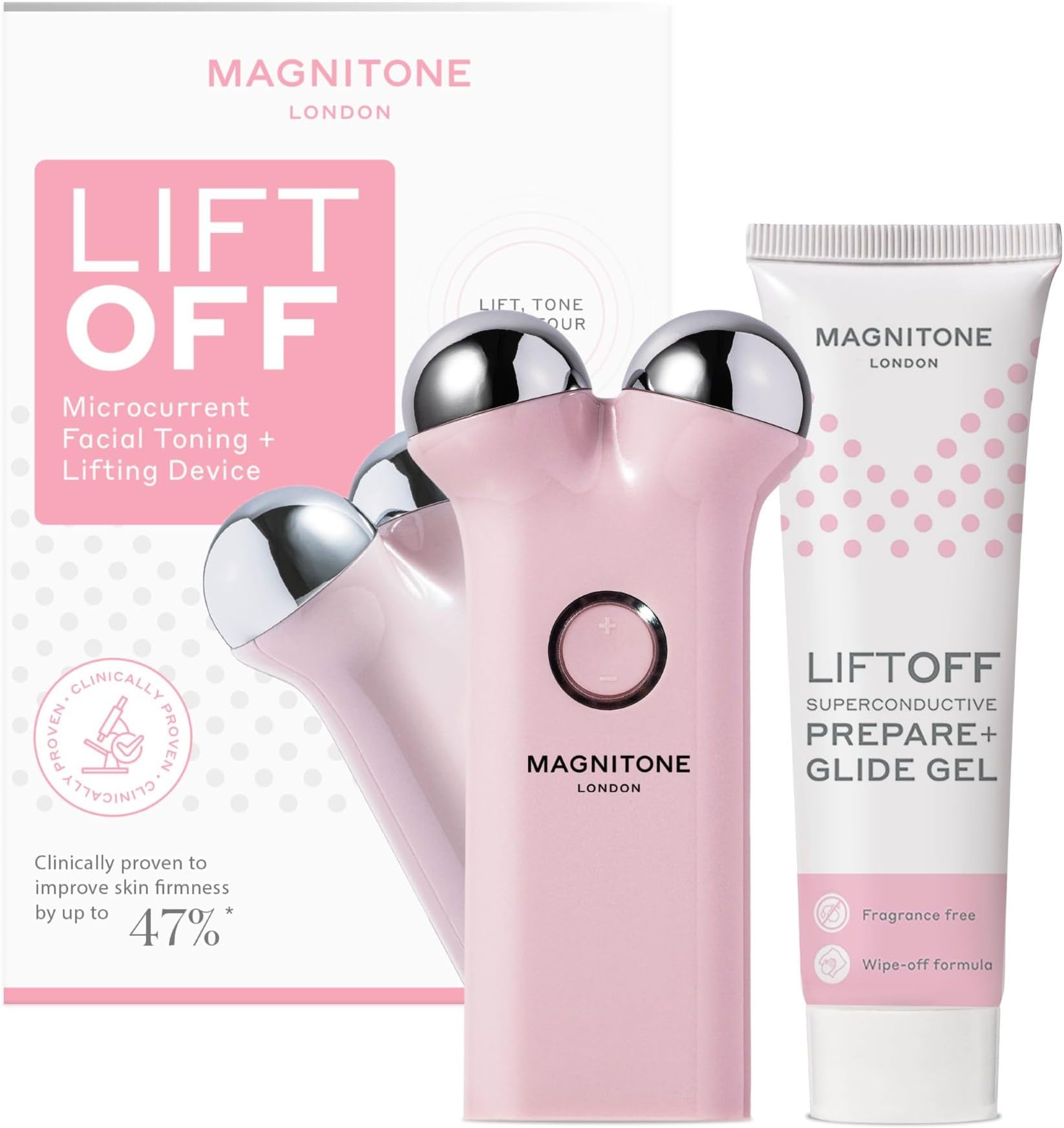 MAGNITONE Lift Off Microcurrent Facial Toning Device, Pink, USB Rechargeable, with Prepare + Glide Superconductive Gel 60ml at Home face Lift (Pink)