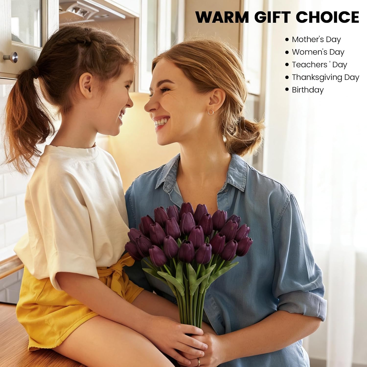 30 PCS Artificial Tulips Real Touch Tulips 13.5inch Long Stem Fake Flowers Silk Flowers for Spring Easter Mother's Day Decorations（Dark Purple）