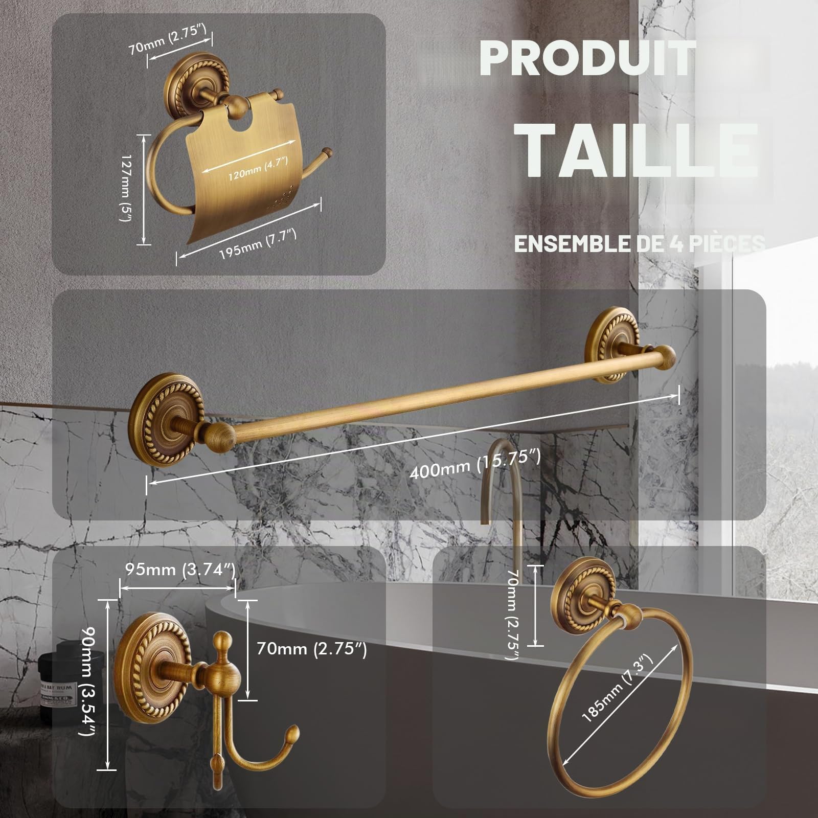 4 pièces Accessoires de Salle de Bain - Laiton Antique - 40cm Barre Porte-Serviette Porte & Crochet & Porte-Papier Toilette & Porte Serviette Anneau