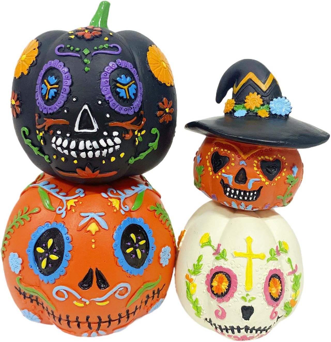 Dia de Muertos Decorations, 4pcs Stackable Dia de Muertos Pumpkin Statue, Day of The Dead Ornament, Mexican Halloween Decorations