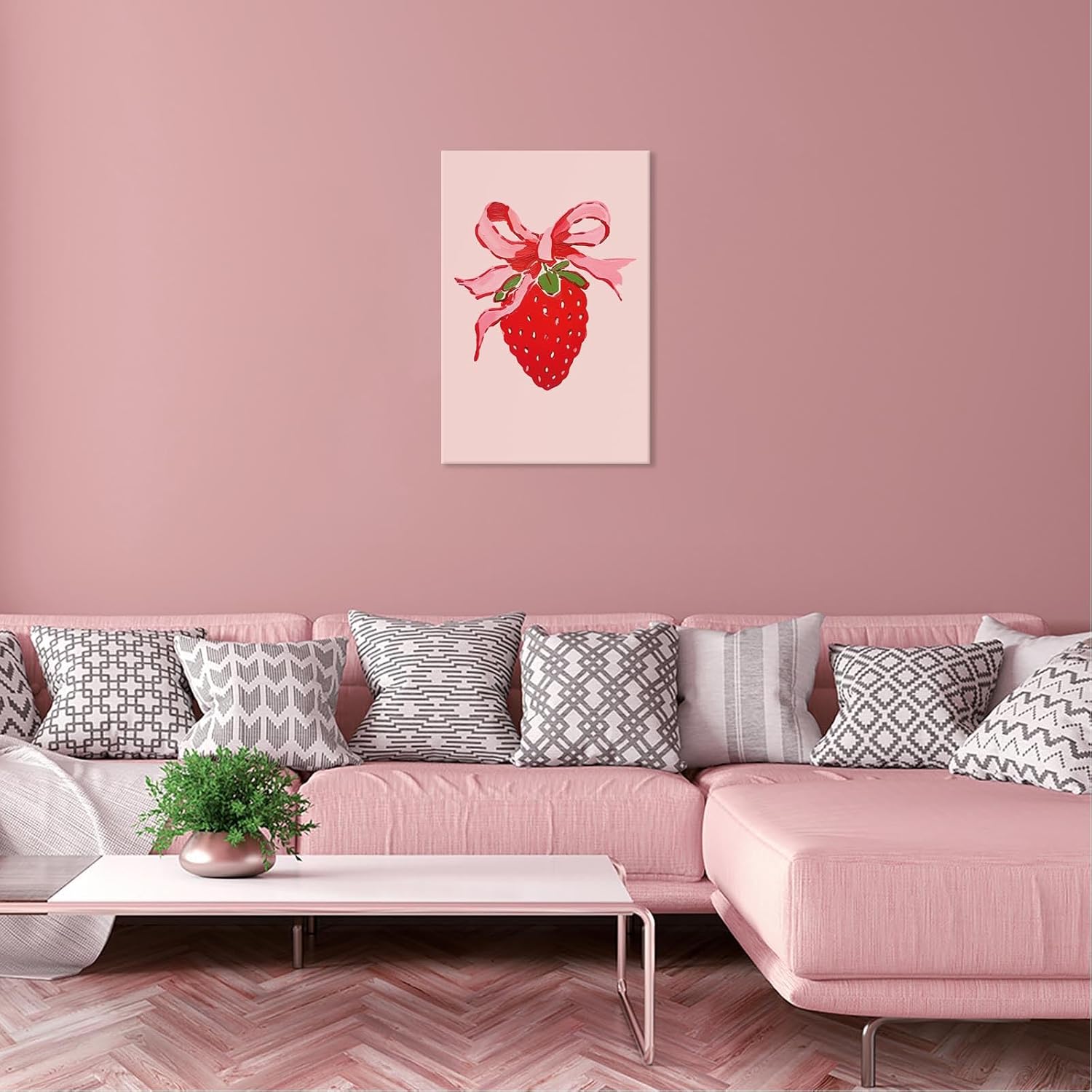 Trendy Strawberry Fruit Poster Funky Pink Bow Canvas Wall Art Preppy Coquettish Girly Room Aesthetic Prints Painting For Home Bedroom Dorm Living Room Wall Decor 12x16in Framed