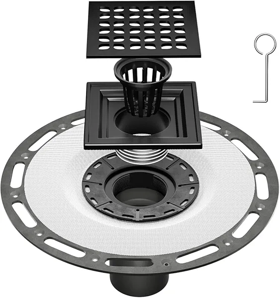 Fibetter 4 Inch Square Shower Drain Black with PVC Bonding Flange, Bonding Drain Shower Flange Kit 304 Stainless Steel Drain Grate for Low Profile Tiles, CUPC Certified