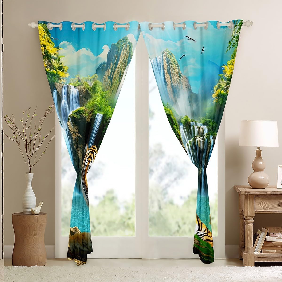 Tiger Window Curtains Waterfall Rainbow Curtain Panels Safari Animals Window Drapes For Kids Boys Girls Crane Birds Mountain Jungle Fresh Nature Window Treatments Living Room Decor 52W"x96L"