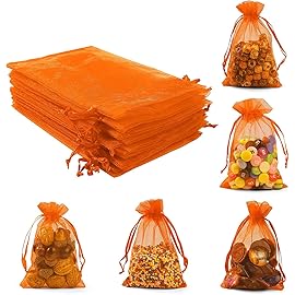 ANZNKU 100PCS Orange Organza Bags 5x7 inches Mesh Bags Drawstring, Gift Bag for Halloween, Wedding Mesh Festival Makeup Organza Party Favor Bag, Sheer Mesh Pouches Drawstring