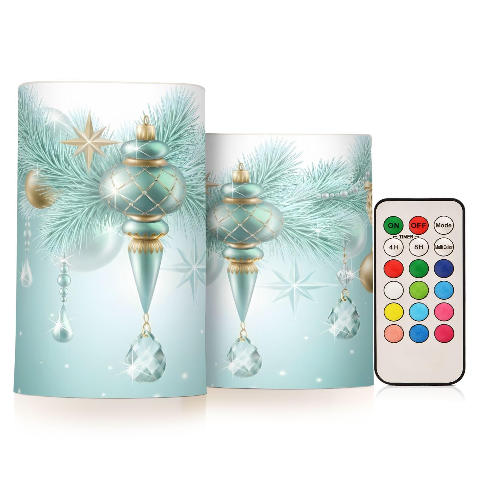 ALAZA Winter Festive Teal Christmas Tree Flickering Flameless Candles Battery Operated with Remote Timer,Tea Light Candles LED Pillar Votive Candles Set of 2 for Outdoor Indoor Decorations
