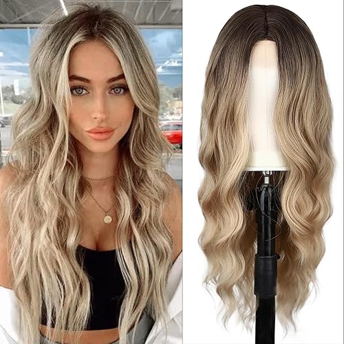 Peluca rubia sucia, pelucas largas onduladas rubias para mujer, 26 pulgadas, parte media, peluca sintética rizada natural, peluca de fibra disponible en Yaxa El Salvador