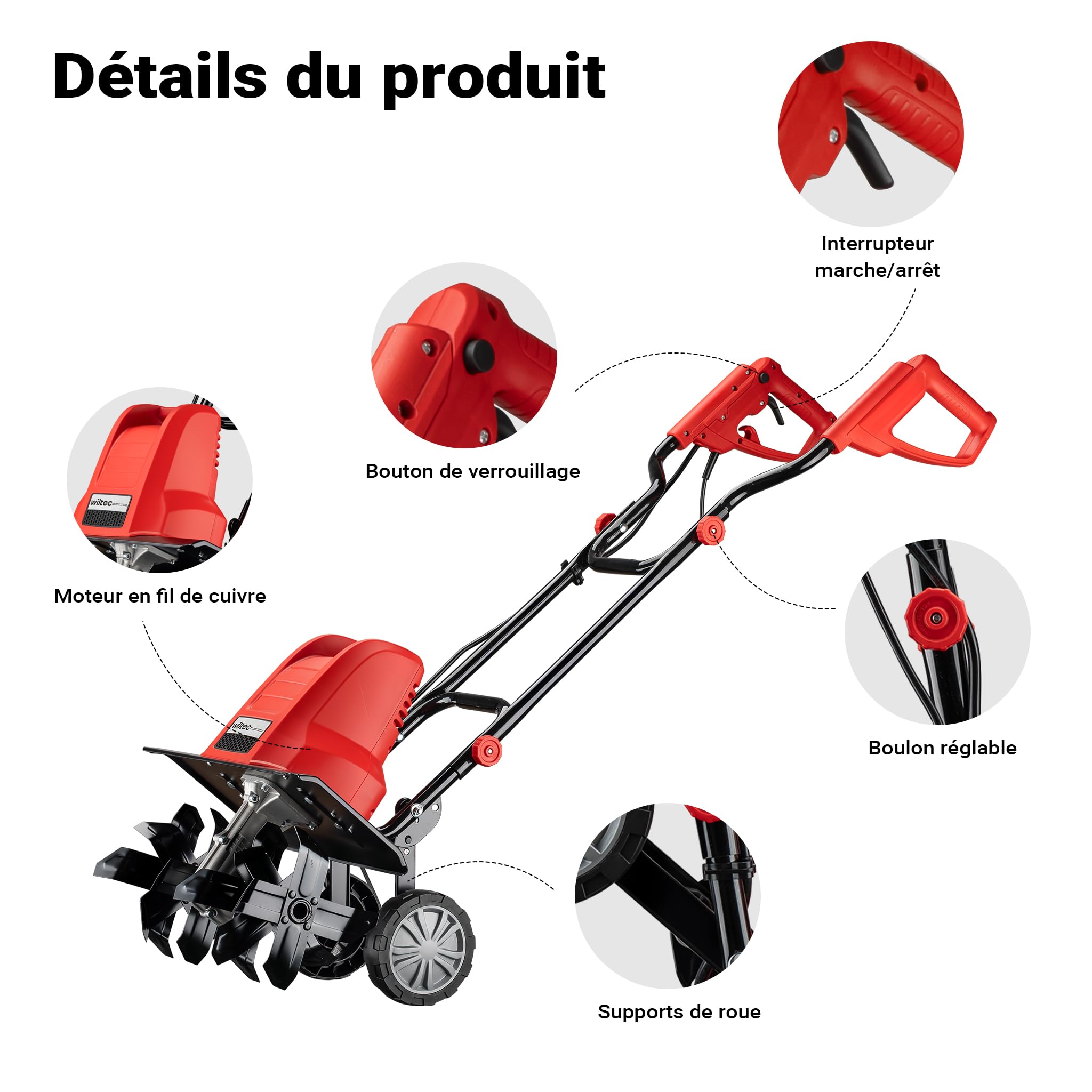 Wiltec Motobineuse électrique 1500 W – Vitesse à Vide 400 TR/Min – Profondeur de Travail 220 mm – Motoculteur pour Binage Sarclage Ensemencement – Fraiseuse de Jardin Jardinage