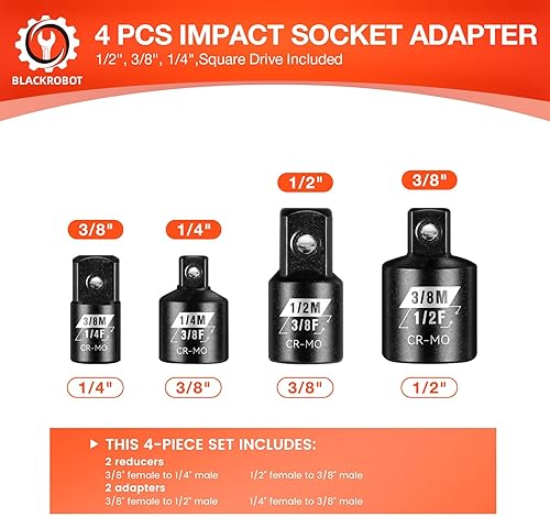 Miniatura 2 de BLACKROBOT Juego de adaptadores de 4 piezas de llaves de impacto, juego de adaptadores de enchufe SAE de 14 pulgadas, 38 pulgadas y 12 pulgadas,