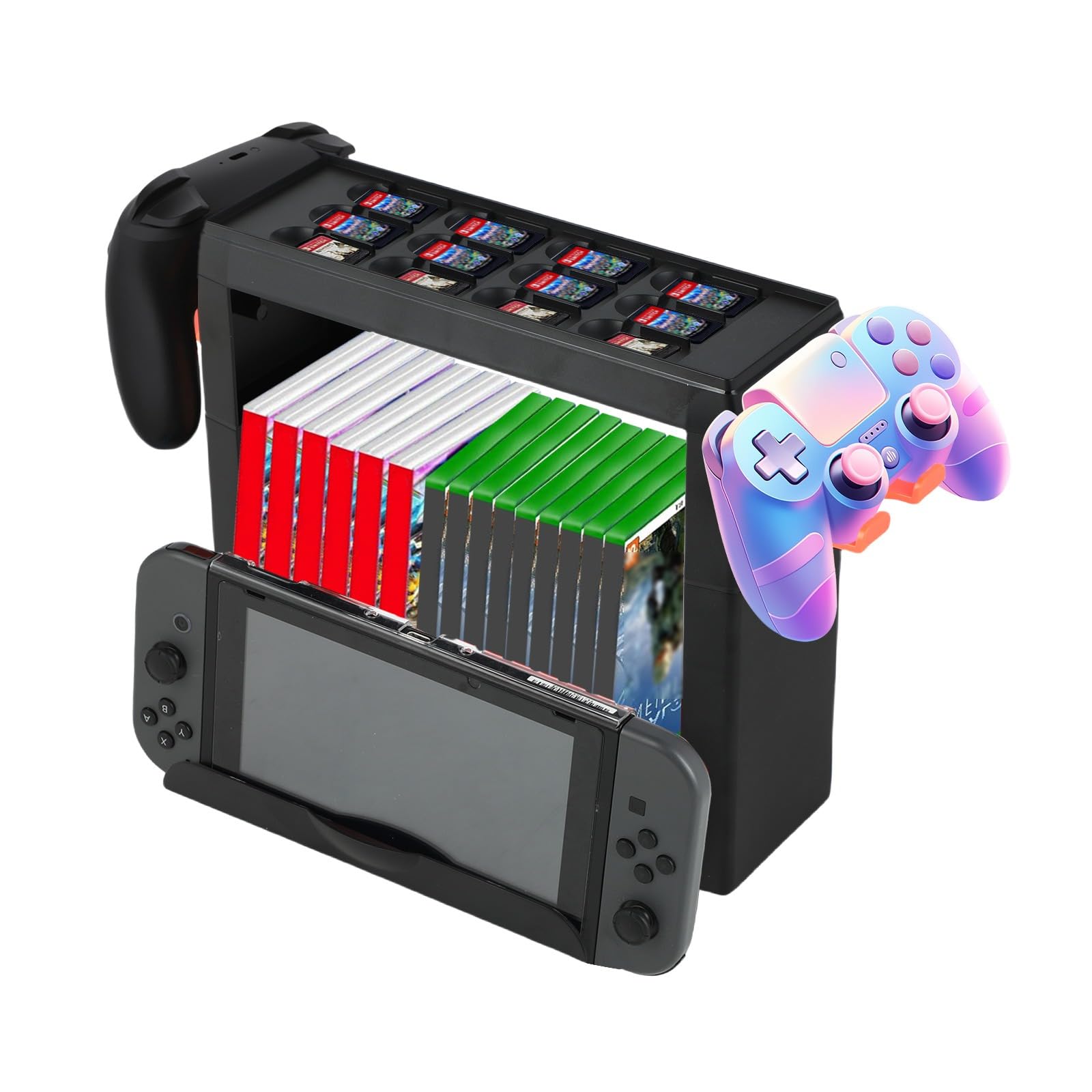 Lrocotanc Soporte de Almacenamiento para Nintendo Switch 2/Switch OLED, Organizador Multifuncional con Espacio para 12 Cartas de Juego + 15 Estuches, Compatible con Joy-con, Mando Pro y Base TV