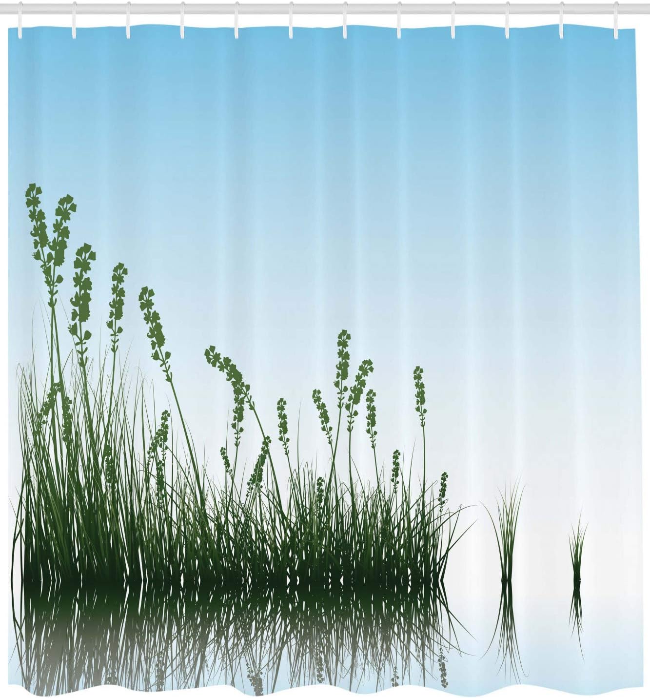Ambesonne Landscape Shower Curtain, Scenery of a Lake Bushes Grass with Reflection Floral Art Image Print, Cloth Fabric Bathroom Decor Set with Hooks, 69" W x 84" L, Pale Blue Jade Green