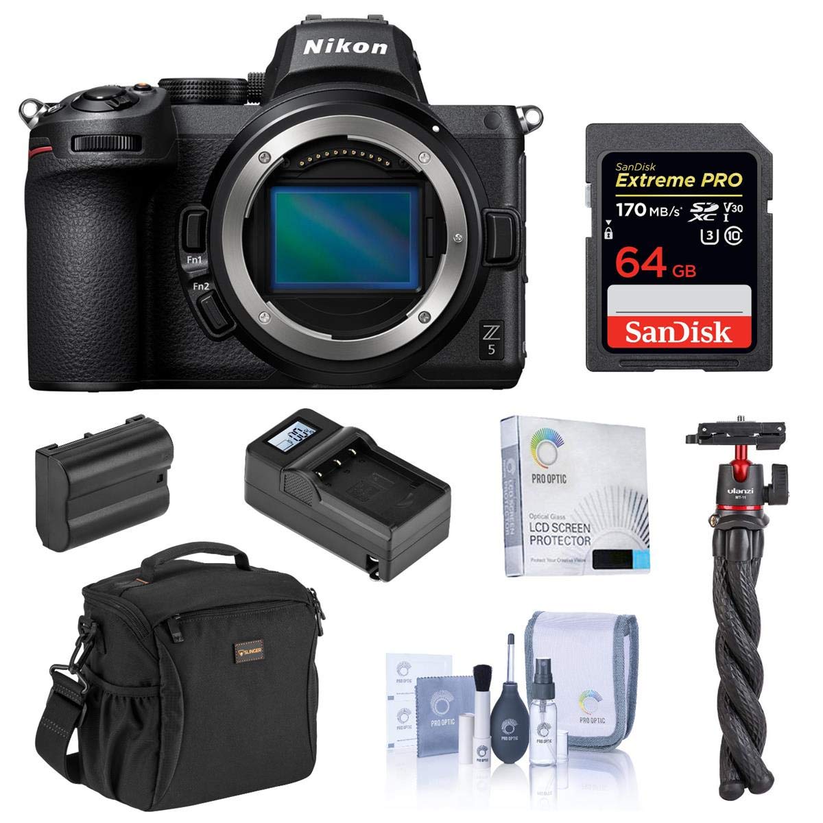 Nikon Z5 Full Frame Mirrorless Camera (Body Only) Bundle with 64GB SD Card, Bag, Octopus Tripod, Extra Battery, Compact Charger, Screen Protector, Cleaning Kit