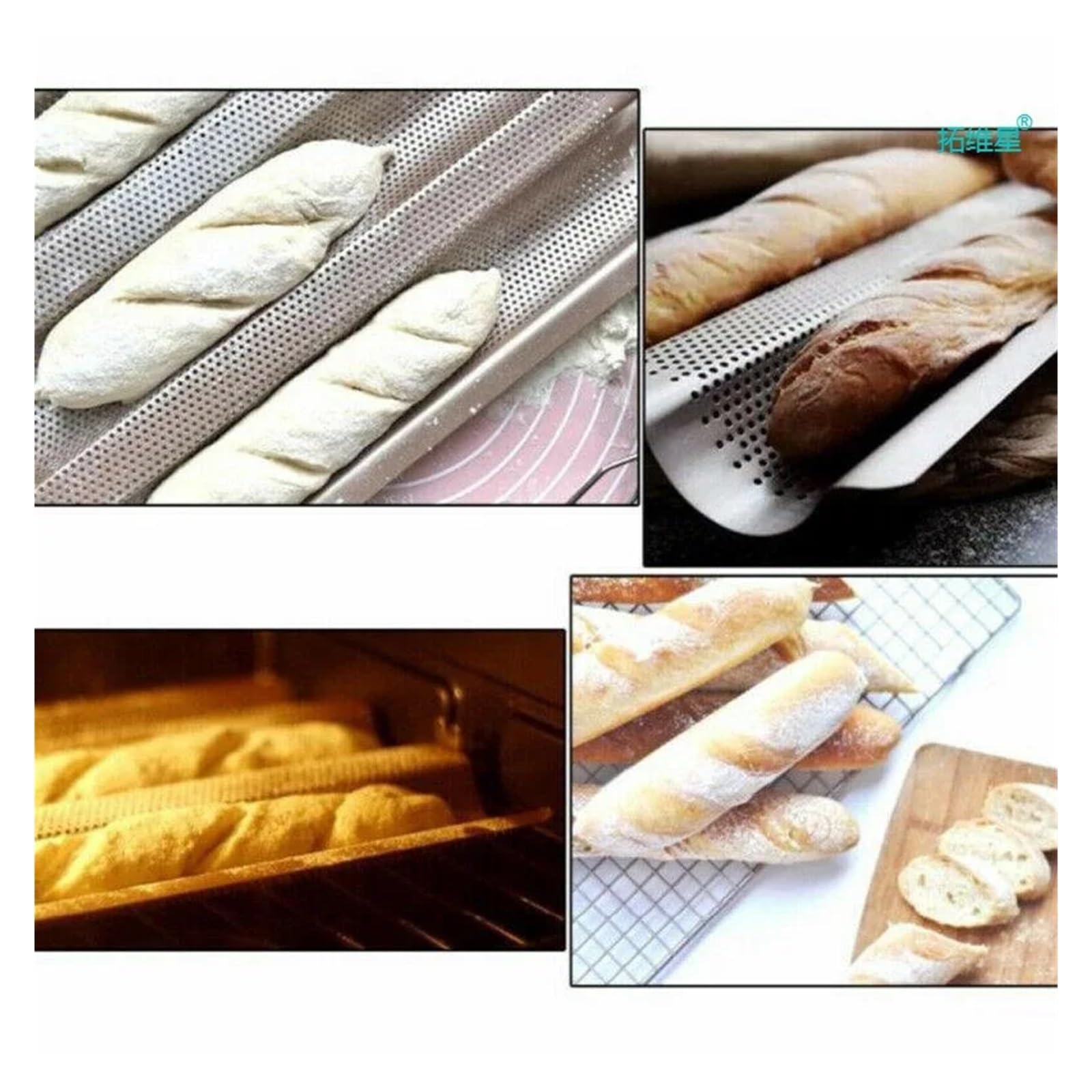 Bandeja for Baguette, molde for hornear Pan francés, utensilios for hornear, molde con ondas ranuradas, bandeja for pastelería, platos, accesorios de cocina, herramienta tostadora(4 Groove Silver)