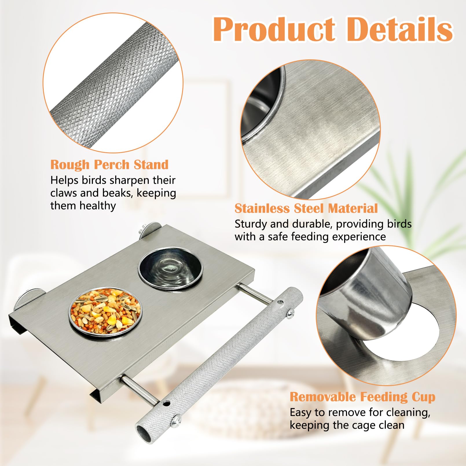 Apatal Stainless Steel Bird Feeder Hanging Parrot Feeder Bowl with Perch Stand Removable Food and Water Cups Bird Cage Accessories for Parakeet Cockatiel Budgie Conure - image 2