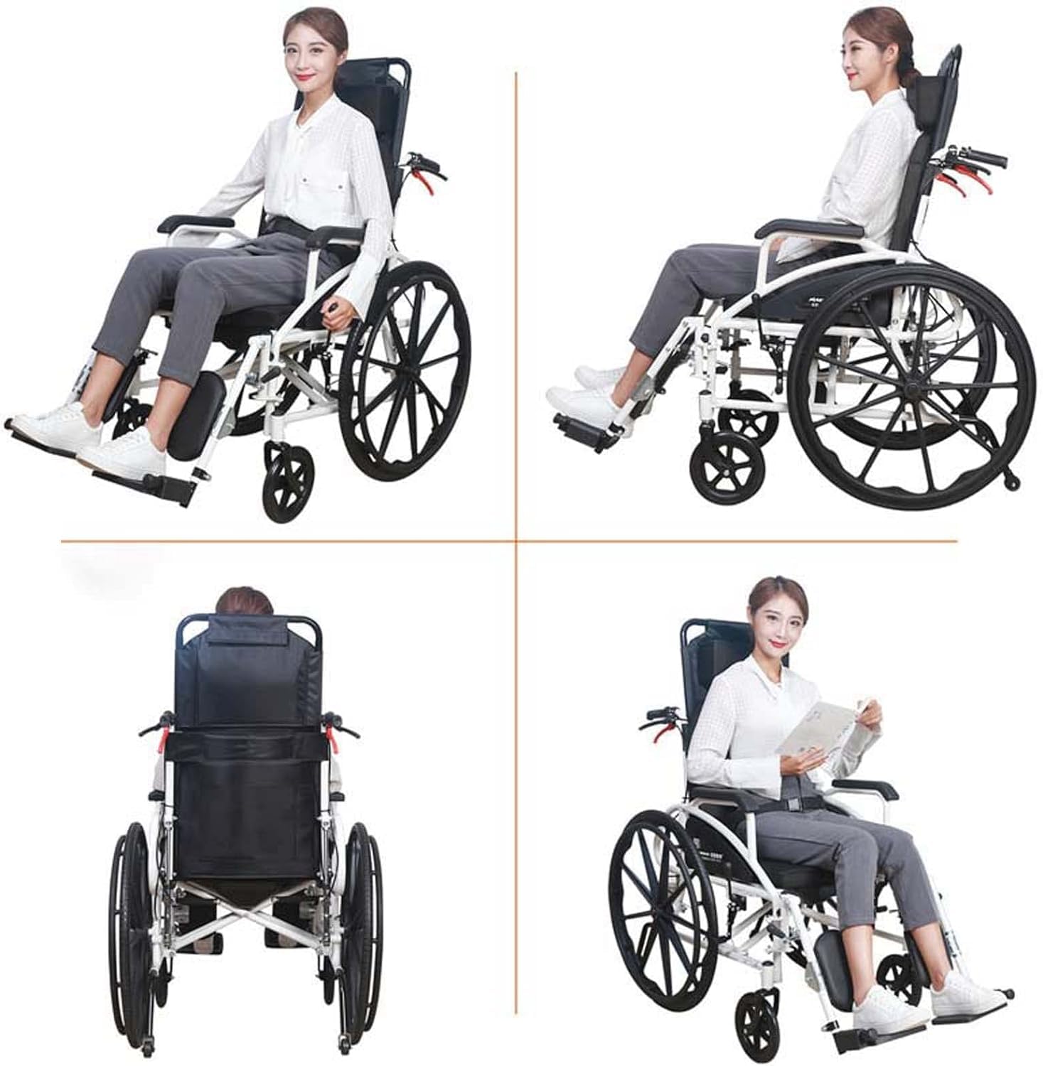 Silla de ruedas MKYOKO reclinable, ligera, de acero al carbono, plegable, autopropulsada, con respaldo alto, reposacabezas extraíble, 180° completo, Gris O Plateado