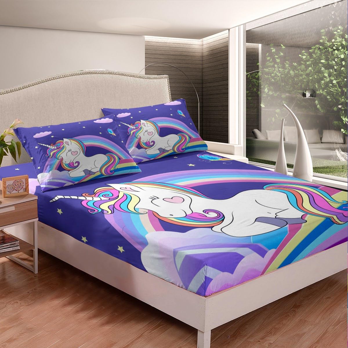 Lindo juego de sábanas de unicornio arcoíris para niñas, juego de sábanas de unicornio de dibujos animados con bolsillo profundo para niños, juego de ropa de cama de unicornio mágico con estampado de