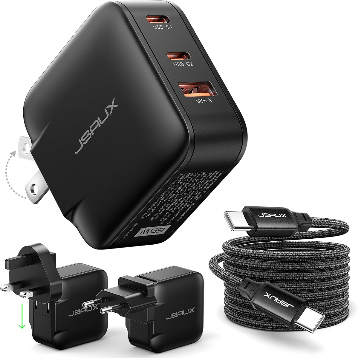 JSAUX 65W GaN USB C Wall Charger, 3 Ports, with Cable and EU/UK Travel Plug