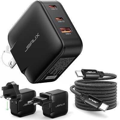 JSAUX 65W GaN USB C Wall Charger, 3 Ports, with Cable and EU/UK Travel Plug | 65W GaN Fast Charger with 3 Ports, Foldable Plug, 6.6 ft USB C Cable, and UK/EU adapters for Compact Travel Charging | 65W GaN fast charger with 3 ports, foldable plug, 6.6 ft USB C cable, and UK/EU adapters for compact travel charging.