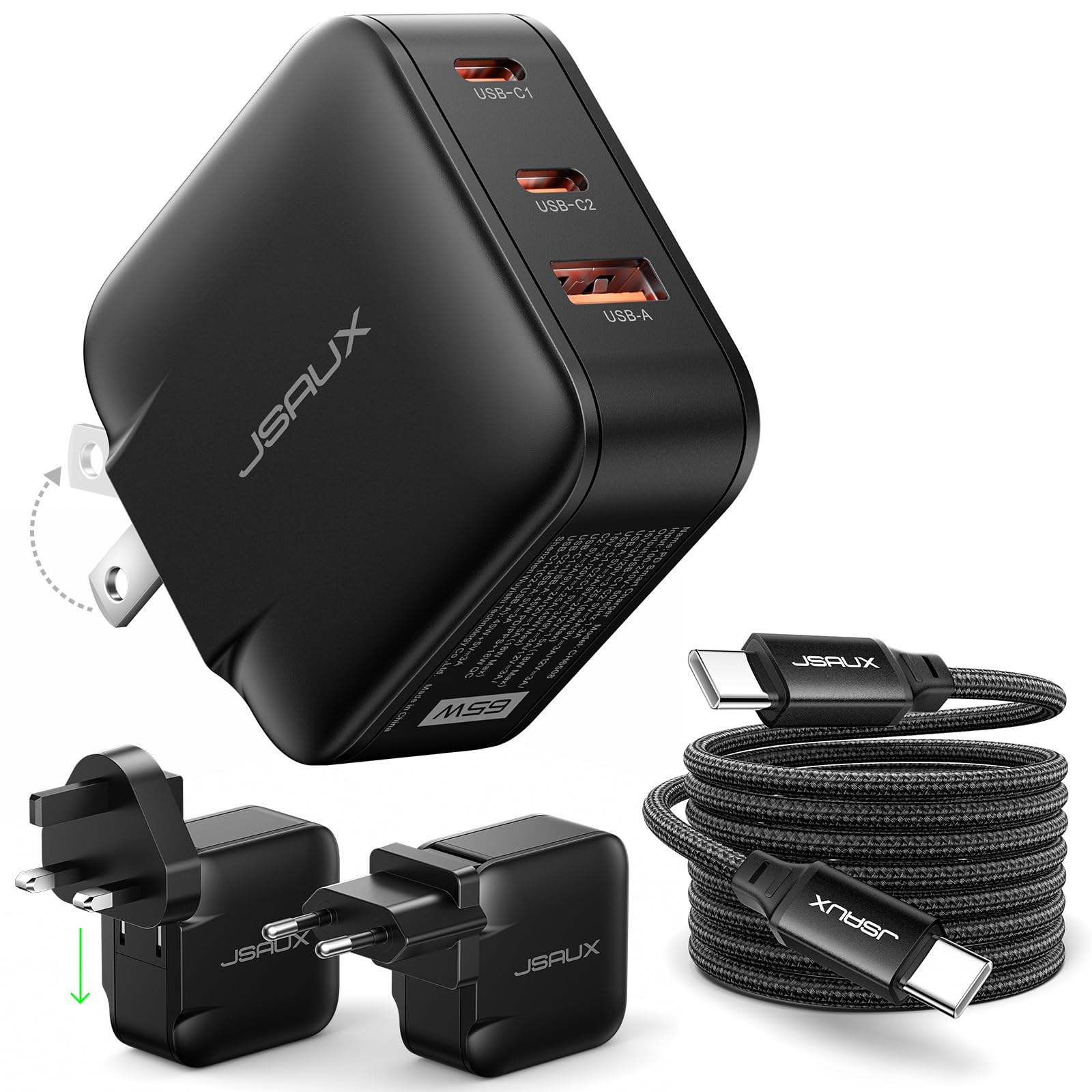 JSAUX 65W USB C Ladegerät, 3-Port PPS Schnellladegerät, inkl. 2m USB C Kabel & UK/EU Steckern, Kompaktes Netzteil für MacBook Pro/Air, iPad, iPhone 17/16/15/14, Galaxy S25/S24 Ultra, Pixel, Steam Deck
