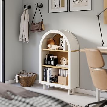 Arched Storage Cabinet,Ar ched Small Bookcase,Wooden Modern Arched Top Bookshelf with 3 Shelves, with Woodgrain Shelves, 3-Tier Storage Shelf for Living Room, Bedroom, Entryway(White)
