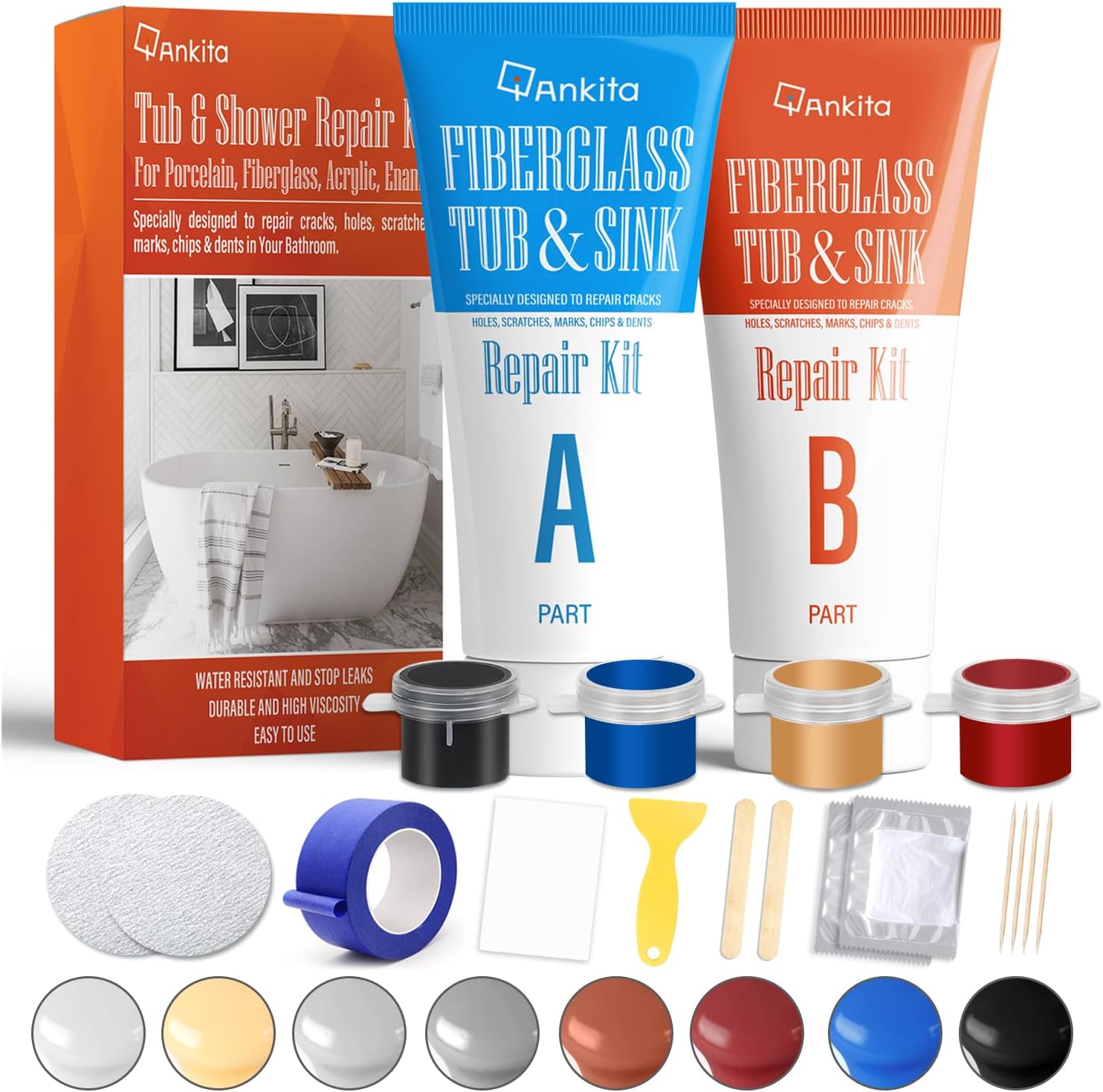 Fiberglass Tub Repair Kit(Color Match), Fiberglass Shower and Acrylic Bathtub Repair Kit for Scratches, Cracks, Chips, Holes on Porcelain, Enamel, Tubs, Tile, Sink, Fix Chipped Almond Fiber Glass Tub