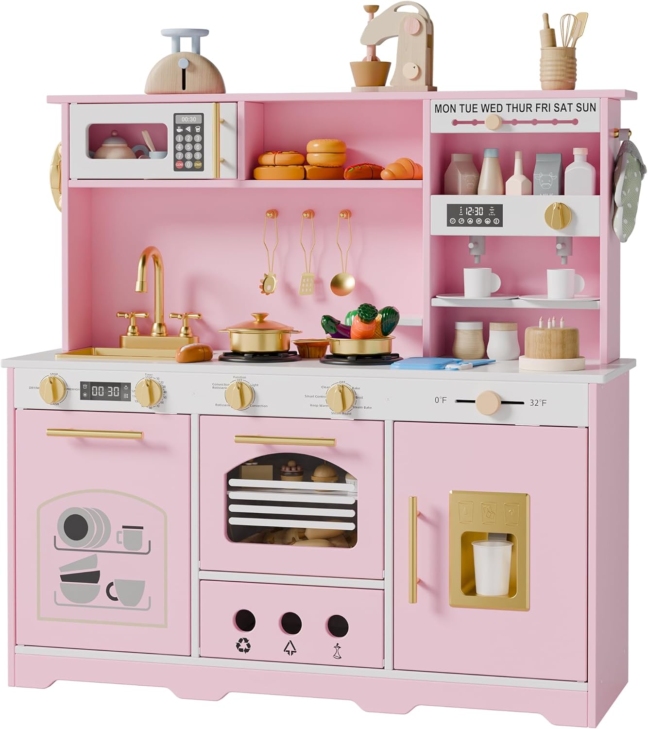 Play Kitchen Set, Kids Kitchen Playset with 21 Fun Accessories, Toy Kitchen Set with Realistic Appliances, Smart Storage, Wooden Play Kitchen for Kids, Gift for Ages 3+ (Pink)