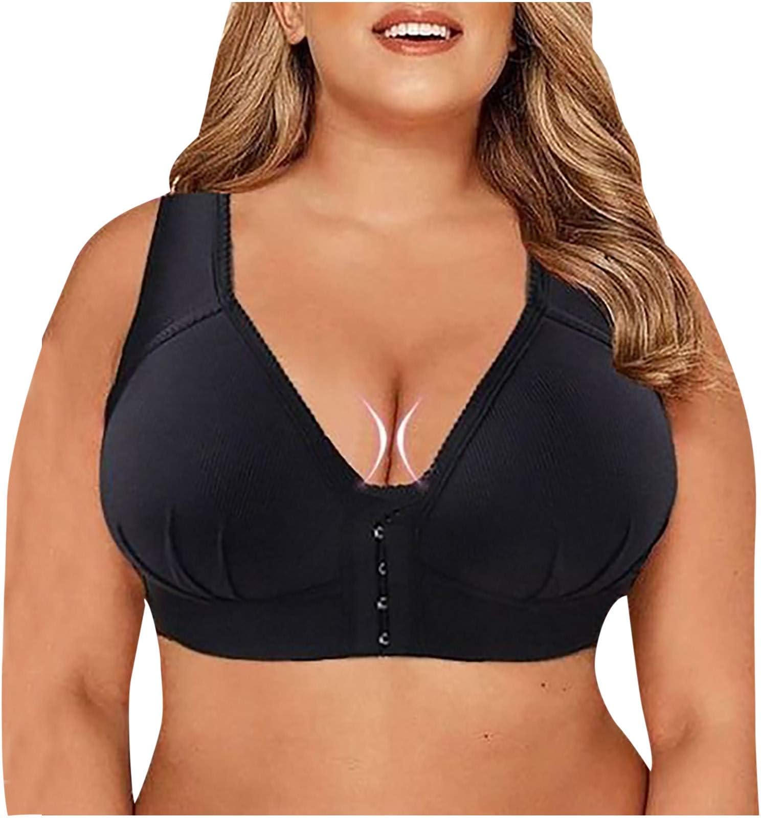 Cenlang Women's Front Closure Bras Plus Size Wireless Post-Surgery Comfort Bra Active Yoga Sports Bras Push Up Everyday Bralette (Black, L)