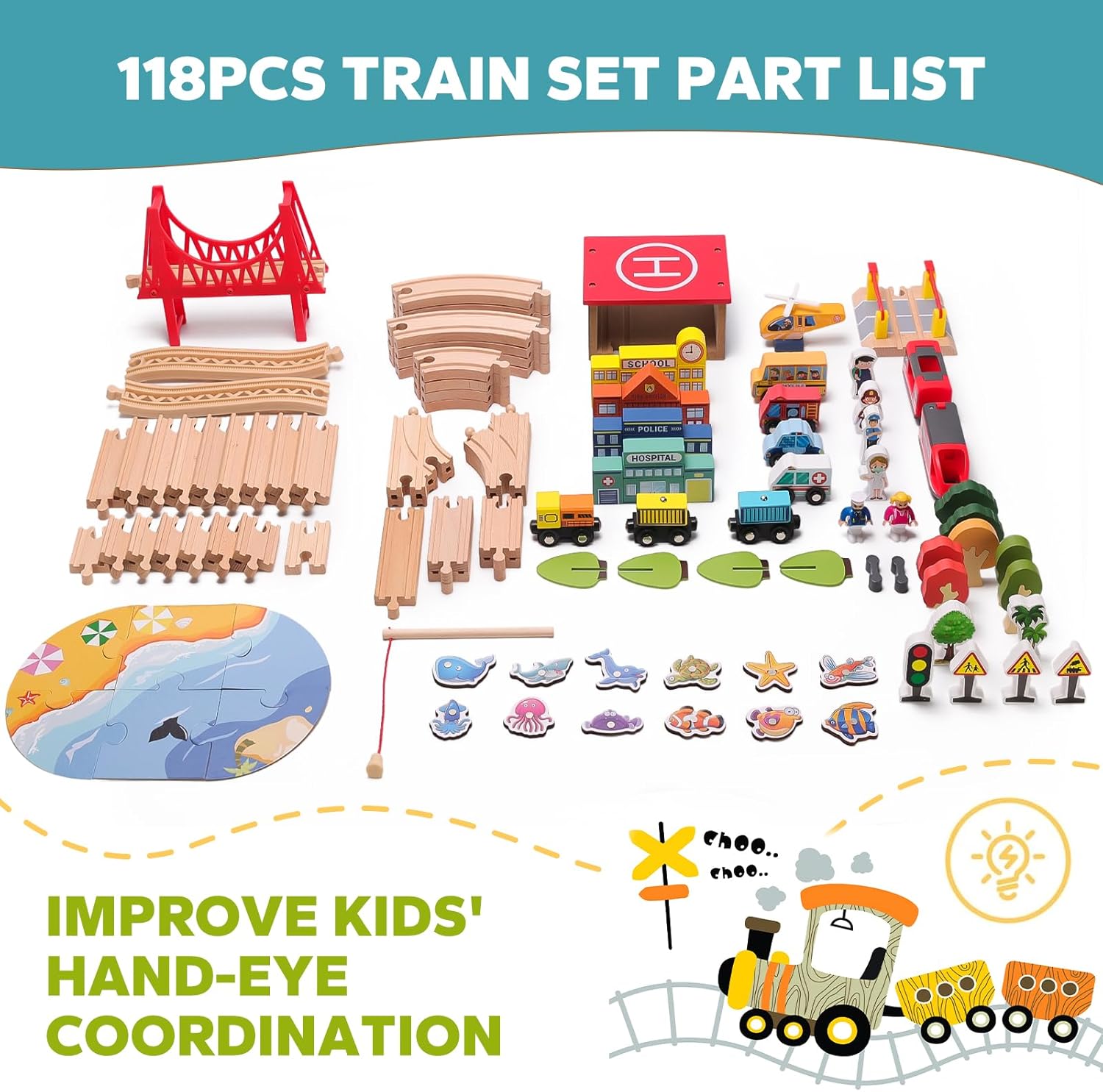 118PCS Wooden Train Set, City Railway Playset with Electric Train & Fishing Game, Compatible with Major Brands, Ideal Gift for Kids Ages 3-8 Boys Girls