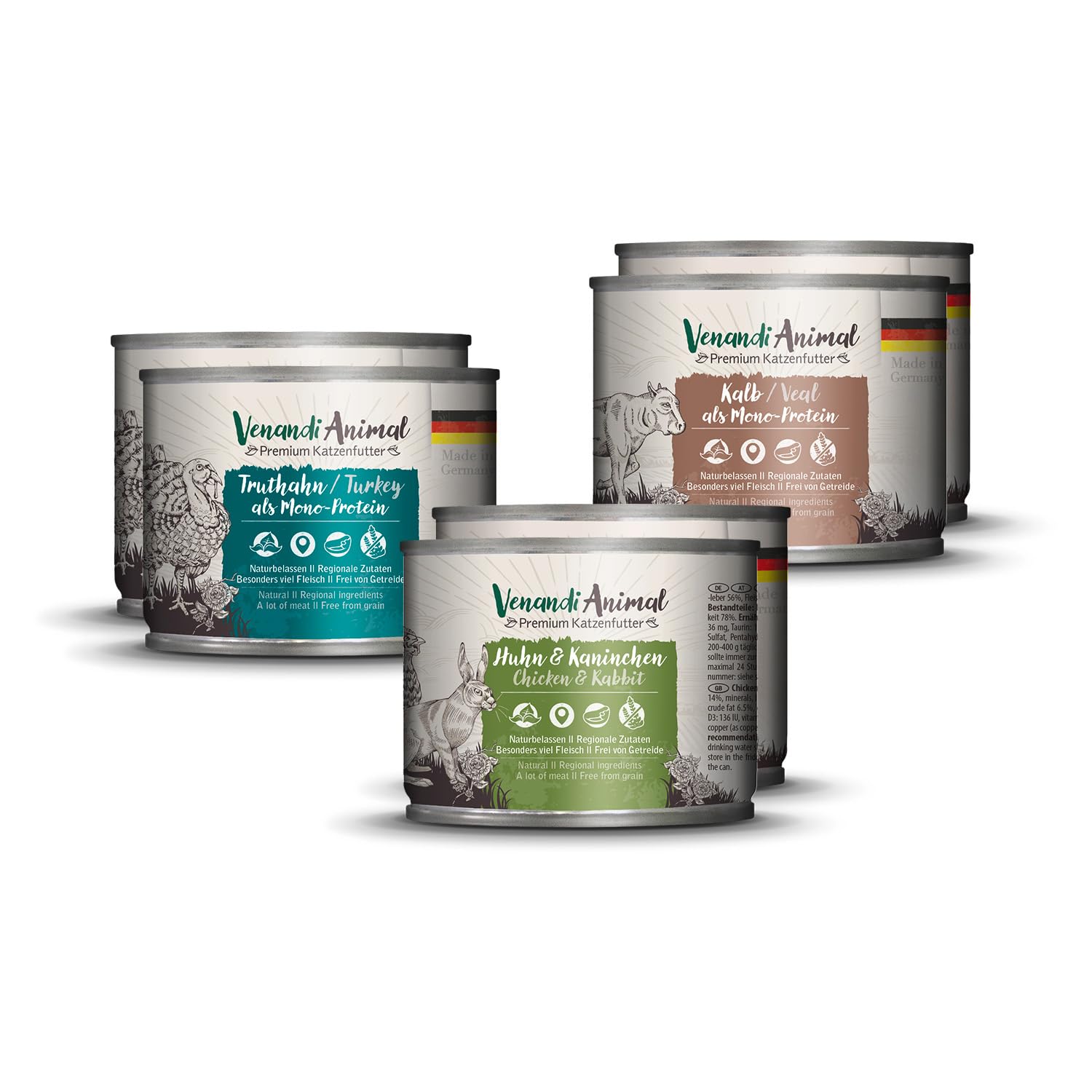 Venandi Animal Premium Nassfutter für Katzen, Probierpaket II, Huhn + Kaninchen, Kalb, Truthahn, 6 x 200 g, getreidefrei und naturbelassen, 1.2 kg