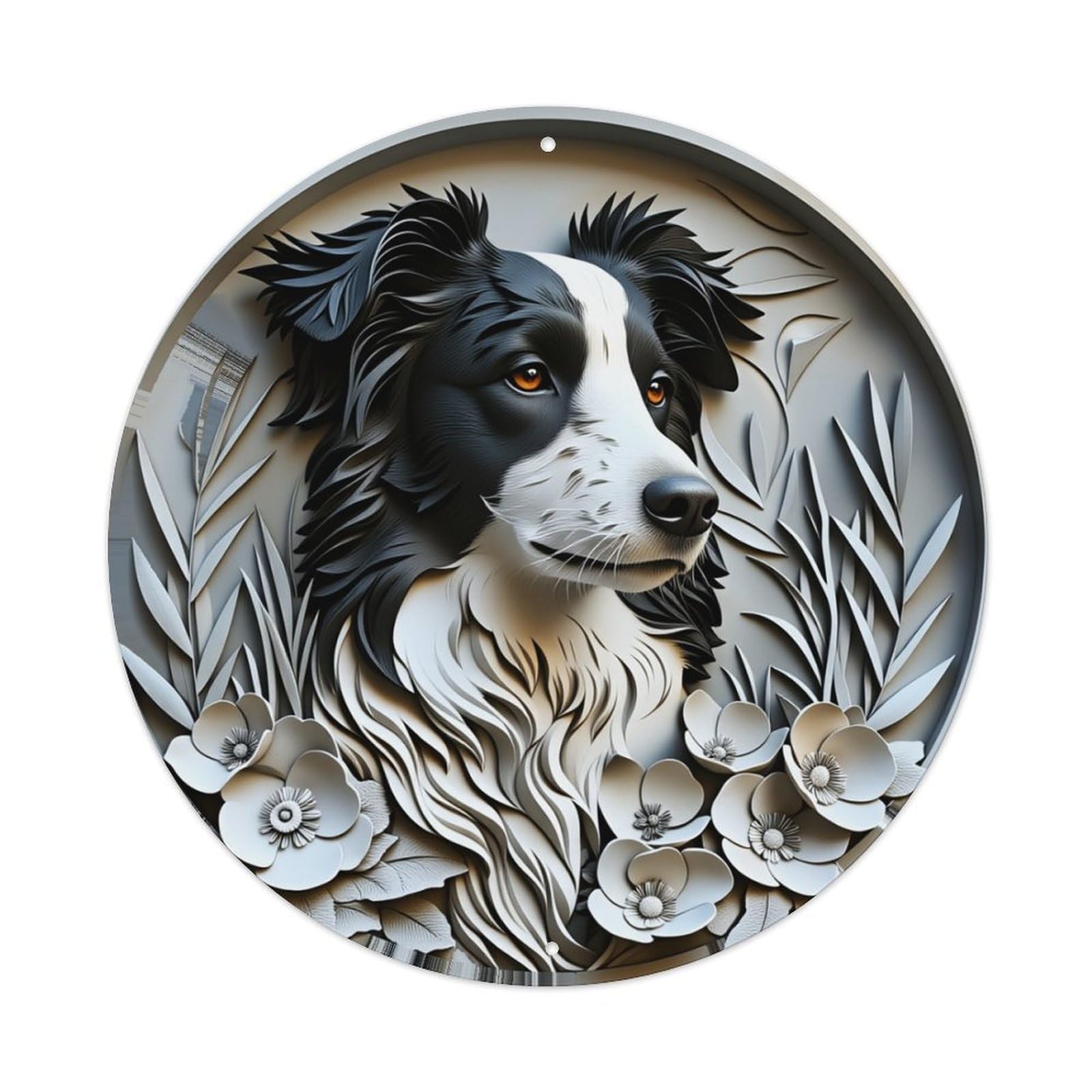 Dog Floral Relief Art Design Round Tin Sign Retro Metal Sign for Cafe Bar Pub Home Game Room Gym Club Wall Decoration Vintage Metal Poster 8x8 Inch