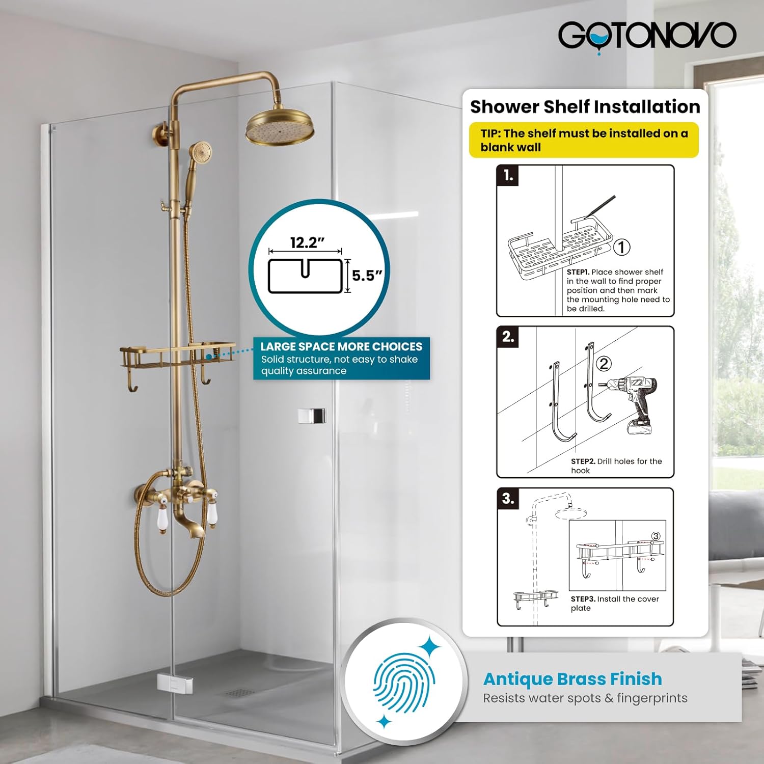 gotonovo Exposed Bathroom Tub Shower Faucet Set with Shower Shelf 8 inch Rainfall Shower Head with Handheld Spray with Tub Spout Shower System 3 Function Wall Mounted Antique Brass Double Lever Handle