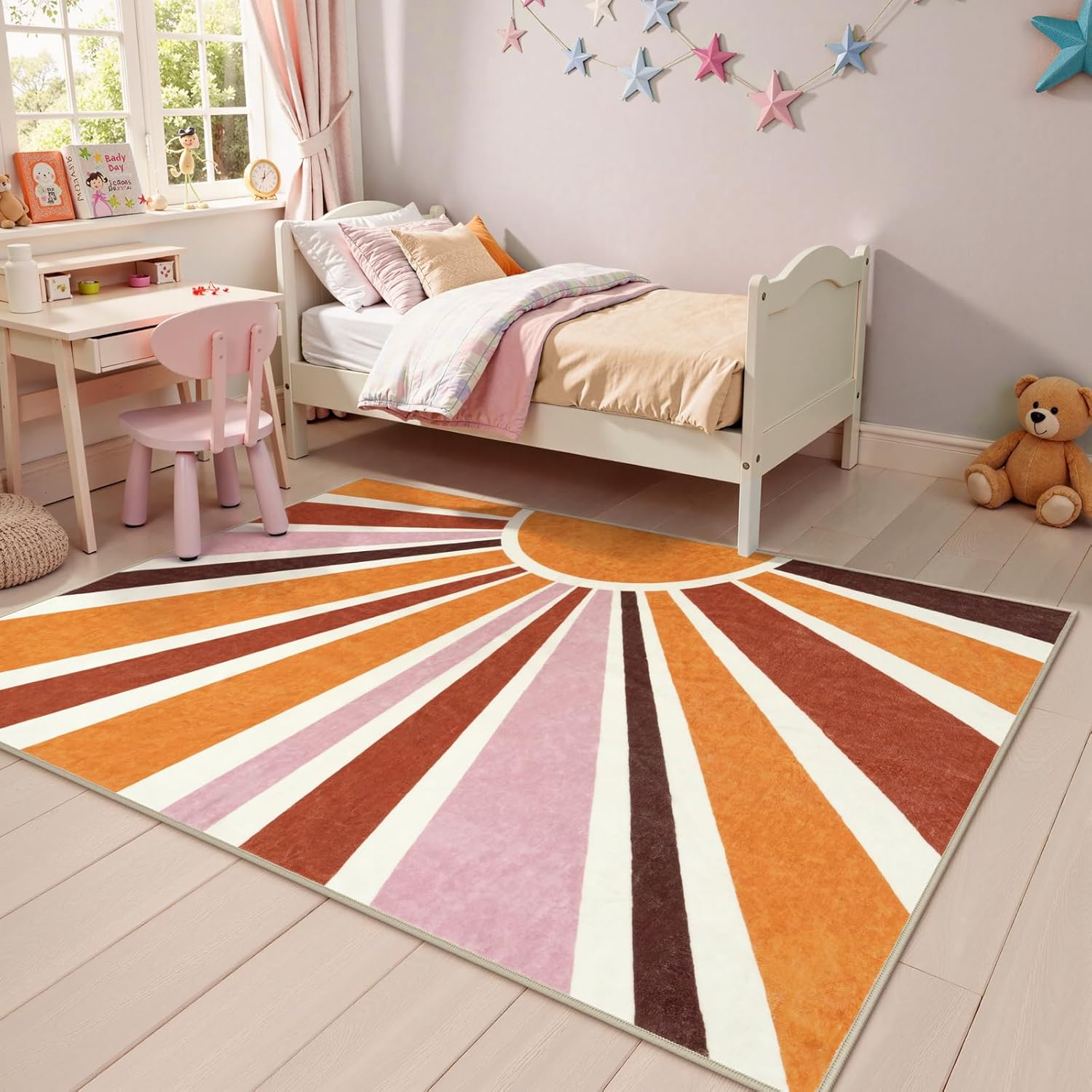 LIVEBOX Sun Boho Rug 5x7 Large Washable Retro Orange Rug for Living Room Office,Non-Slip Throw Area Rugs Kids Rugs for Bedroom Nursery Room Classroom