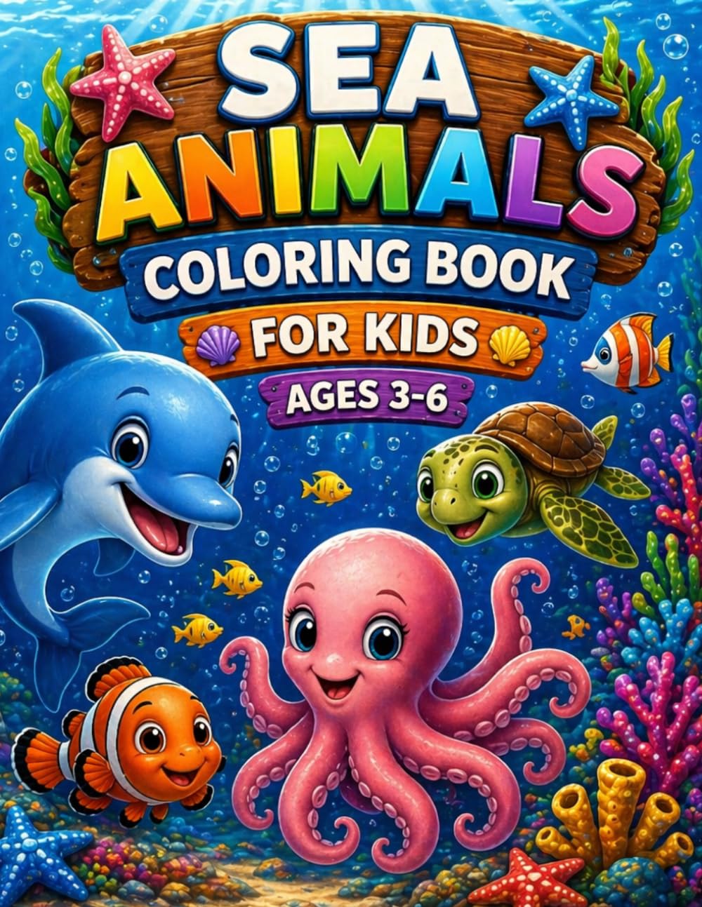 Ocean Animals Coloring Book for Kids Ages 3-6: Fun and Easy Coloring Pages with Cute Sea Creatures