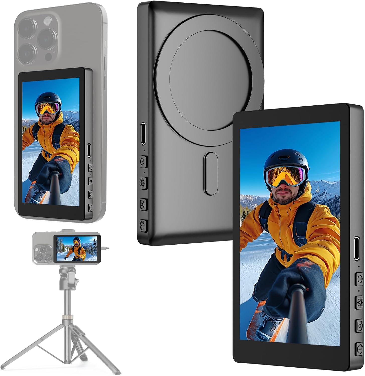 Selfie Monitor Screen iPhone, 360° Rotatable Bluetooth Remote, Compatible with iPhone & Android, Hands-Free Live Streaming & Video Recording Accessory