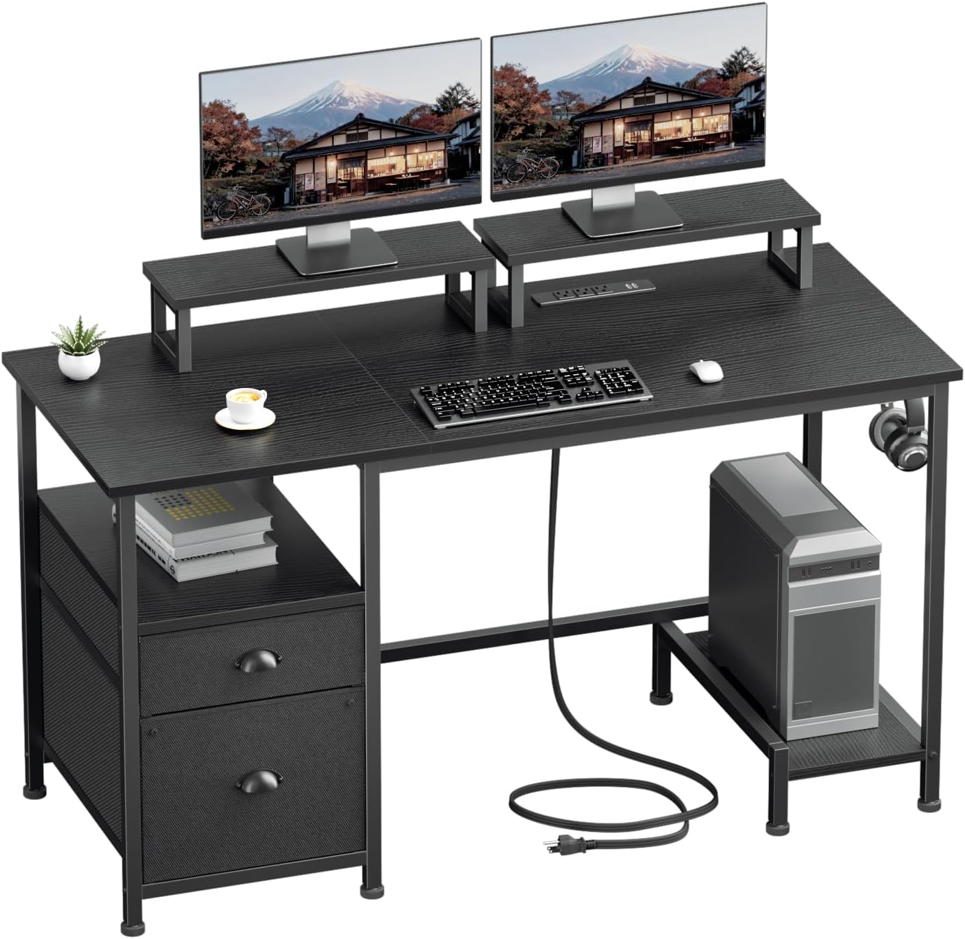 Furologee 47" Computer Desk with File Cabinet and Power Outlets, Home Office Desk with 2 Monitor Stands and Storage Drawer, Writing Gaming Table with Shelves and 2 Hooks for Bedroom, White