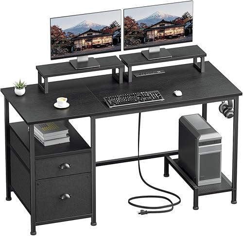 Furologee Escritorio para computadora de 47 pulgadas con archivador y tomas de corriente, escritorio de oficina en casa con 2 soportes para monitor