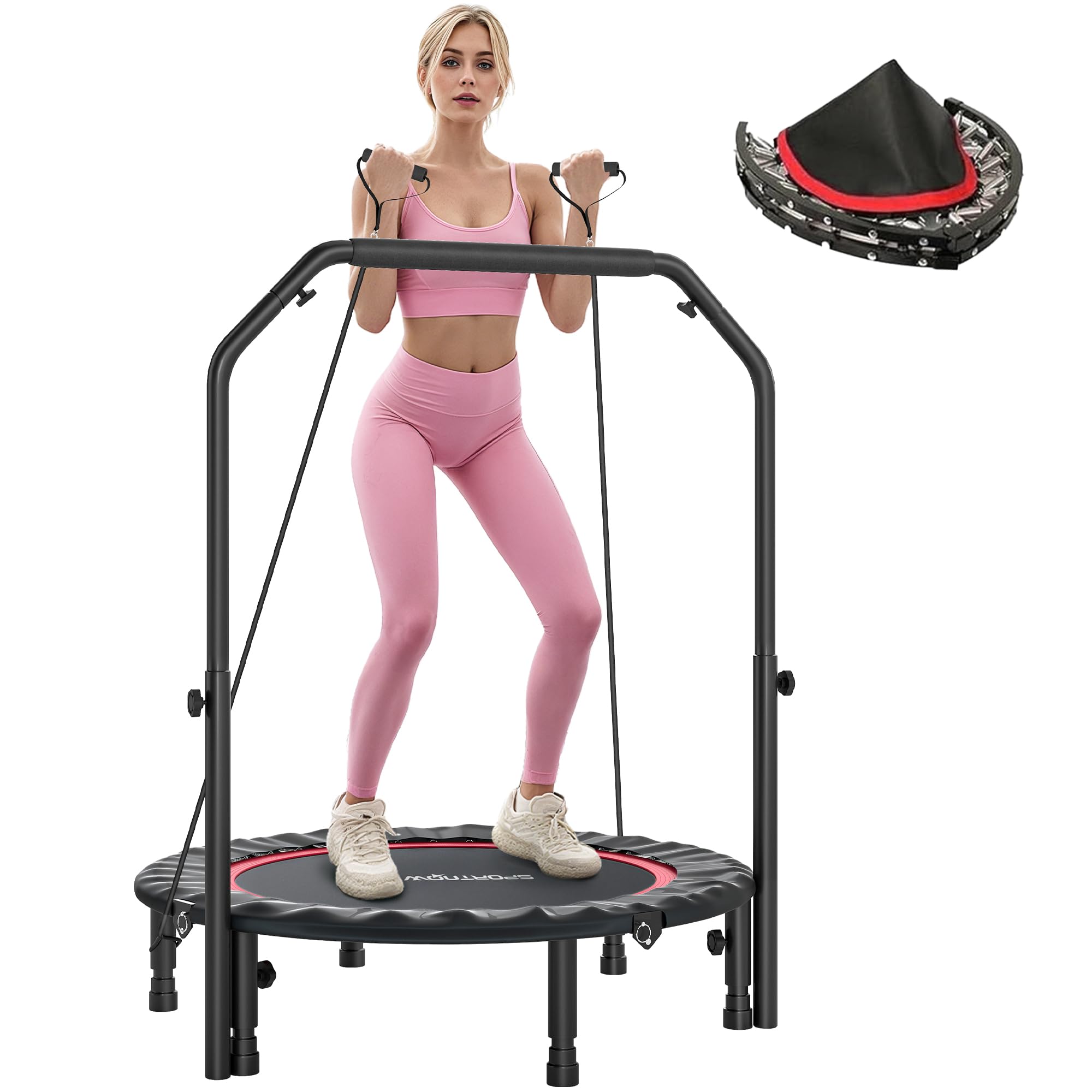 SPORTNOW Trampolín de Fitness Adultos Ø102 cm, Cama Elástica Plegable con Mango Ajustable de 4 Niveles y Bandas, para Entrenamiento Piernas Cuerpo en Hogar Oficina Gimnasio Exterior, Carga 150 kg