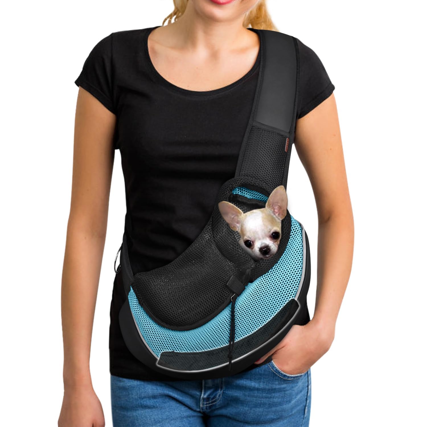 YUDODO Pet Sling Carrier for Small Dogs & Cats – Hands-Free Puppy Carrier with Safety Hook, Large Zipper Pocket, Soft Breathable Mesh, Adjustable Strap & Reflective Strip (Cyan 3.0 S)