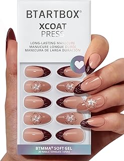 Press On Nails Medium - Rosewood, 3D Flower Almond Brown French Tip Press On Nails with Glue and Adhesive Tabs for Women, Soft Gel Glue On Nails in 15 Sizes - 30 Stick On Nails Kit