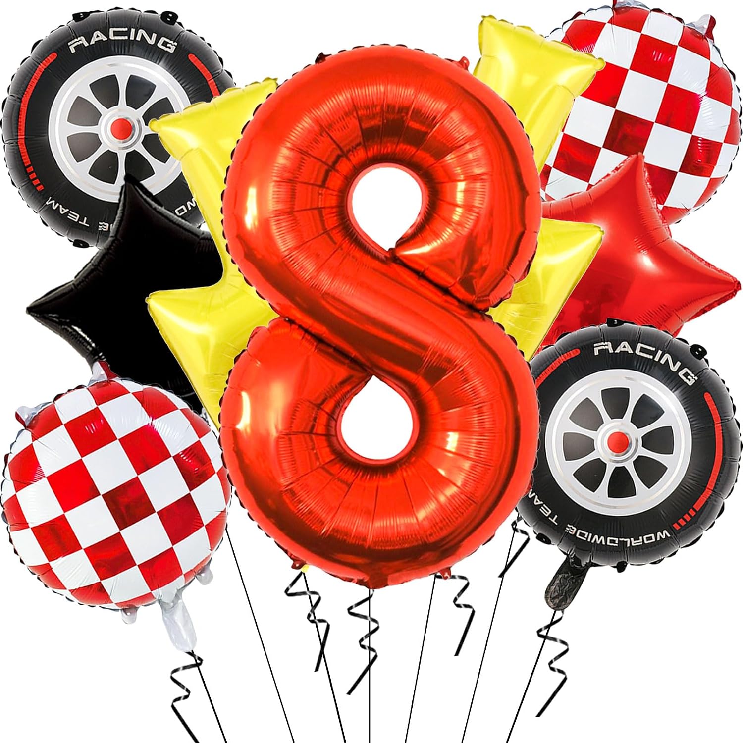 Cartoon Race Car Balloons Birthday Party Decorations - 40 Inch Red Foil Number 8 Balloons - Large Lightning Balloons for 8rd Birthday Decorations for Boys - Race Car Themed Party Decor Supplies