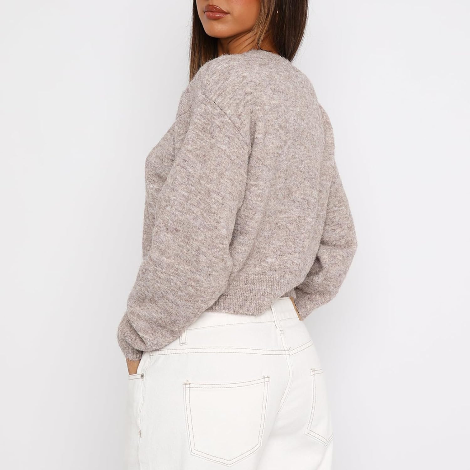 RUEWEY Women Y2k Crew Neck Button Down Long Sleeve Cropped Cardigan Knitted Sweater Light Jacket - Image 3