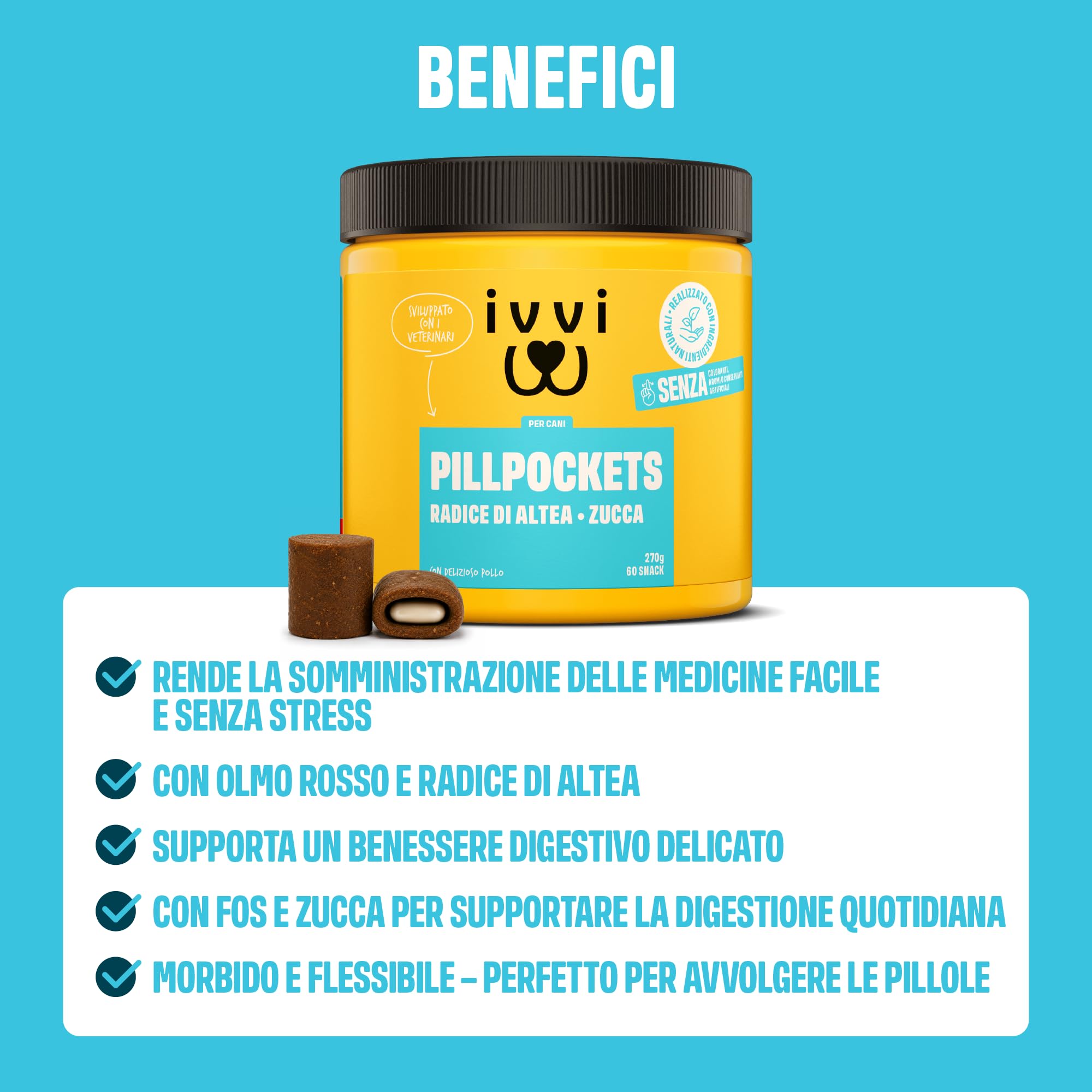 ivvi Pill Pockets per Cani – Snack Morbidi Porta-Pillole con Pollo, Zucca, Radice di Altea e Olmo Rosso – Texture Modellabile per Compresse e Capsule – 270 g / 60 Snack