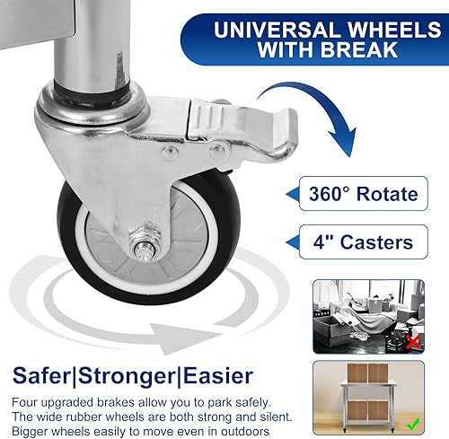 Miniatura 2 de ELSKHUGI Mesa de acero inoxidable para preparación y trabajo, 36 x 24 pulgadas con ruedas giratorias, mesa comercial de metal resistente con estante