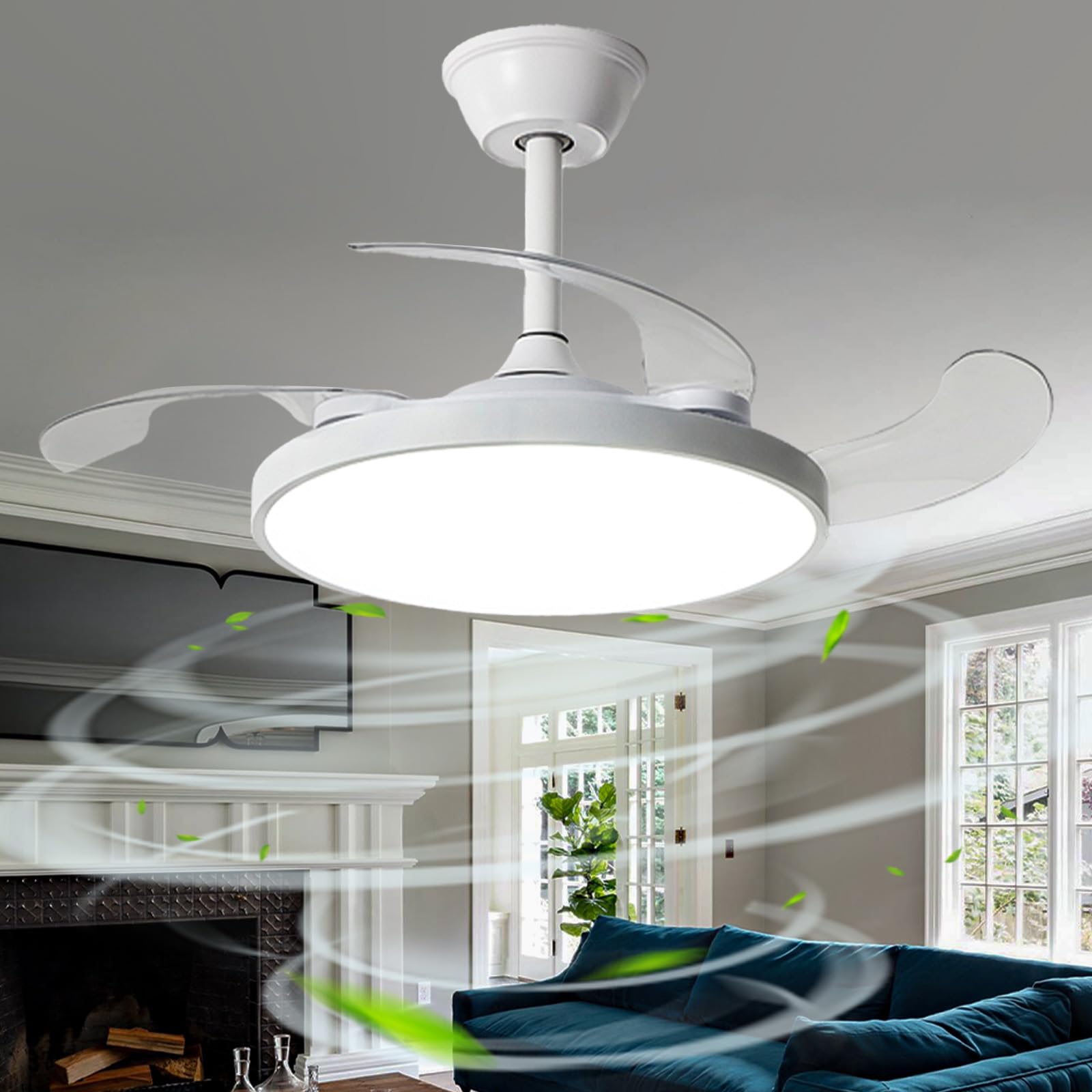 SXDMOUBK Invisible Ceiling Fan Chandelier with Retractable Blades Modern Dimmable Lighting Fixture for Living Room & Kids' Room Reversible Design 118cm White